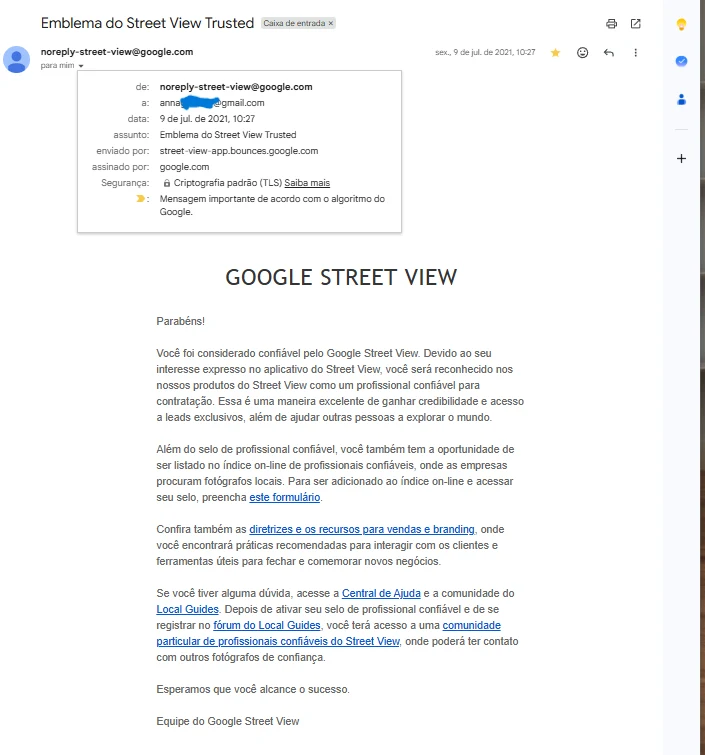 E-mail de Emblema Oficial do Google Street View Trusted recebido por Anna Sánttos em 2021