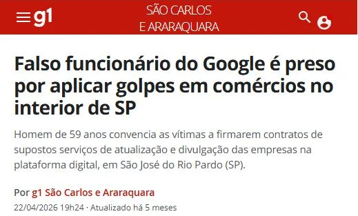 Print da reportagem do G1: falso funcionário do Google é preso por aplicar golpes em comércios no interior de SP